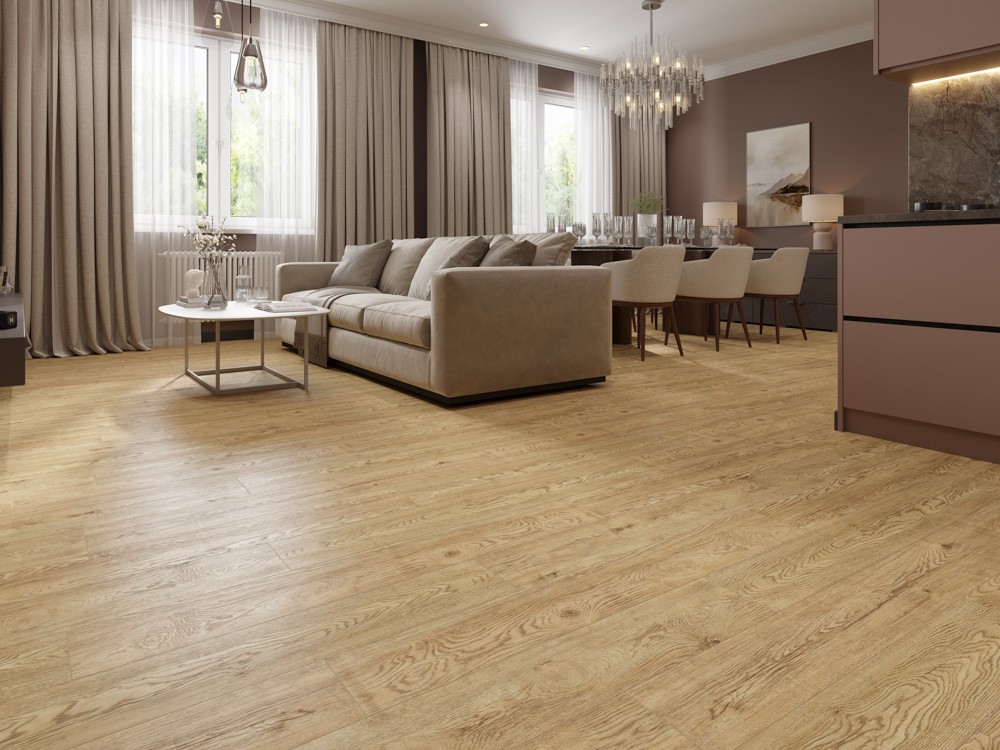 Кварцвиниловый SPC ламинат Cronafloor Grand Sequoia Дуб Золотистый 1200×180×5 фото в интерьере